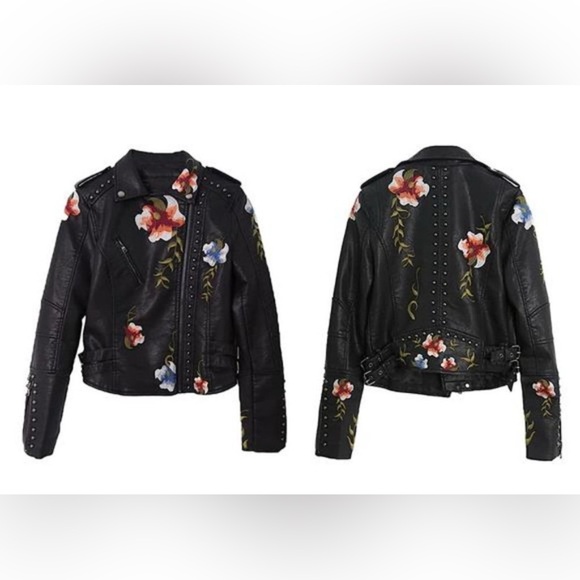 Embroidered Black faux Leather Jacket - Picture 4 of 15
